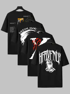 Urban Street Graphic 4-Pack Oversized T-Shirts, Streetwear - 4 Unique Designs Including "Dawn Will Break" Slogan & Art, "DREAM MAKER" Splash Print, Red-Black Abstract Art, Ideal For Daily Wear, Tops, Casual, Aesthetic