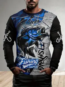 Men's Long Sleeve T-Shirt, Carnival Fishing Pattern, Fashion Casual 3D Digital Print, Sport Outdoor Round Neck Top, Spring Autumn Clothing