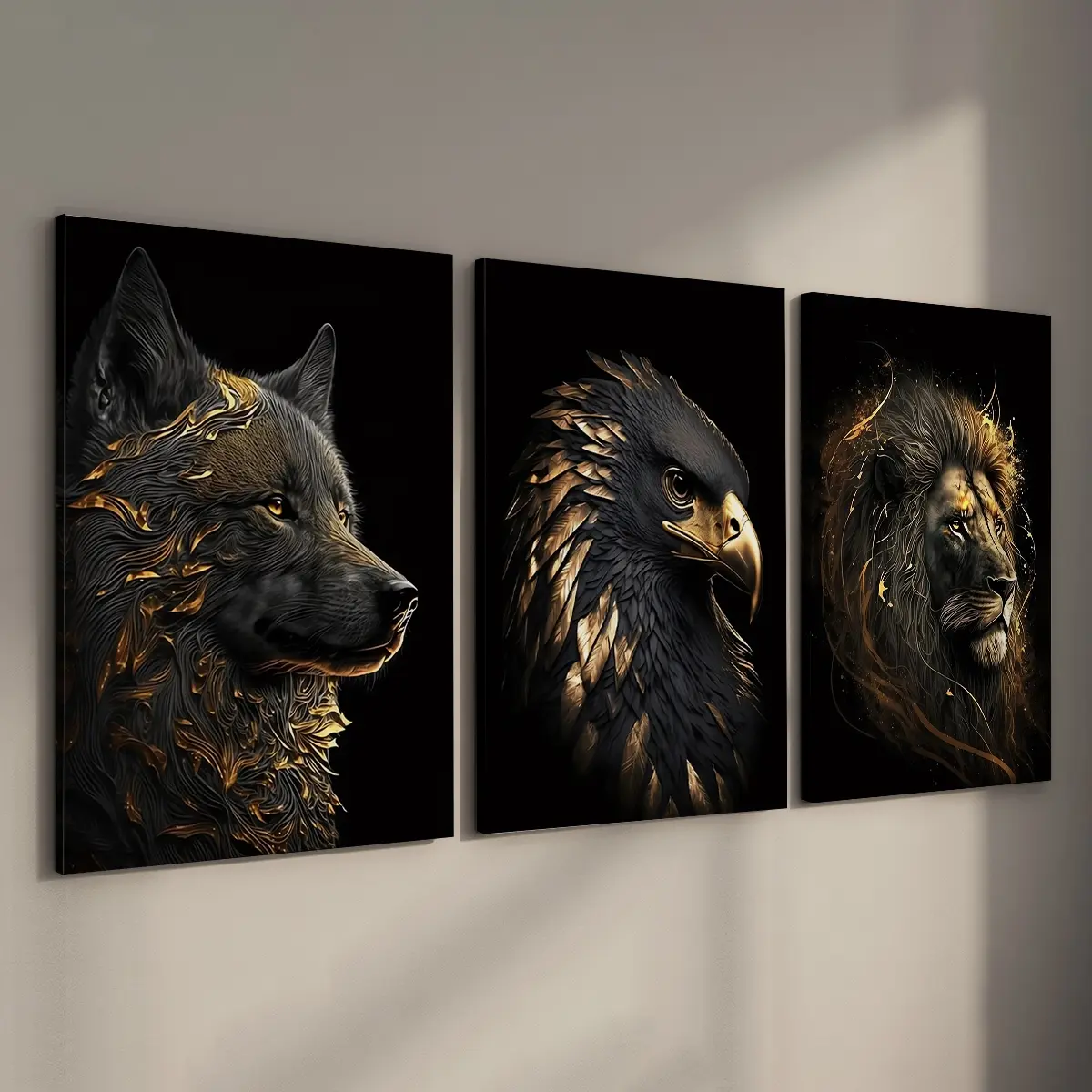 3 Counts/set Wooden Framed Black And Gold Lion & Eagle Canvas Posters, Decorative Artwork, Animal Wall Art, Modern Wall Decor Living Room, Bedroom, Gift for Friends and Family, Waterproof Canvas, Wall Decor, Ready To Hang, Art Wall Decoration