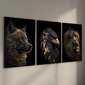 3 Counts/set Wooden Framed Black And Gold Lion & Eagle Canvas Posters, Animal Wall Art, Modern Artistic Wall Decor Living Room, Bedroom, Office, Dorm, Perfect Gift for Friends and Family, Waterproof Canvas, Wall Decor, Ready To Hang, Art Wall Decoration
