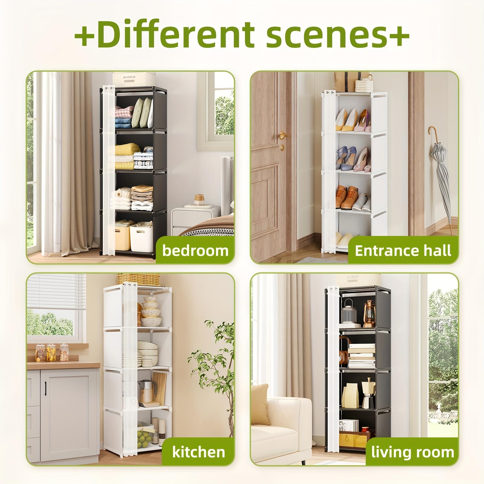 TOMNK Black/White Simple Wardrobe with Four-tier, 15.4*10.9*48.9 Inches, Closet Orqanizers And Storange, Easy-to-assemble Bookshelf, Large Capacity Wardrobe Closet, Free Standing Closet, for Bedroom Living Room Entrance Hall And Kitchen