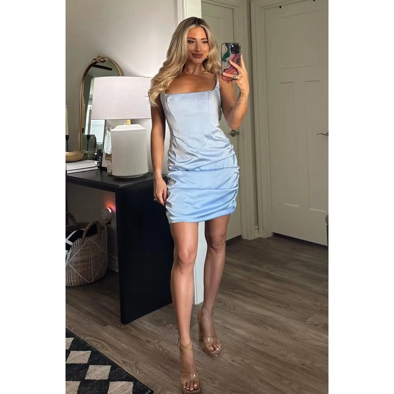 Losing You Square Neck Satin Dress: Periwinkle