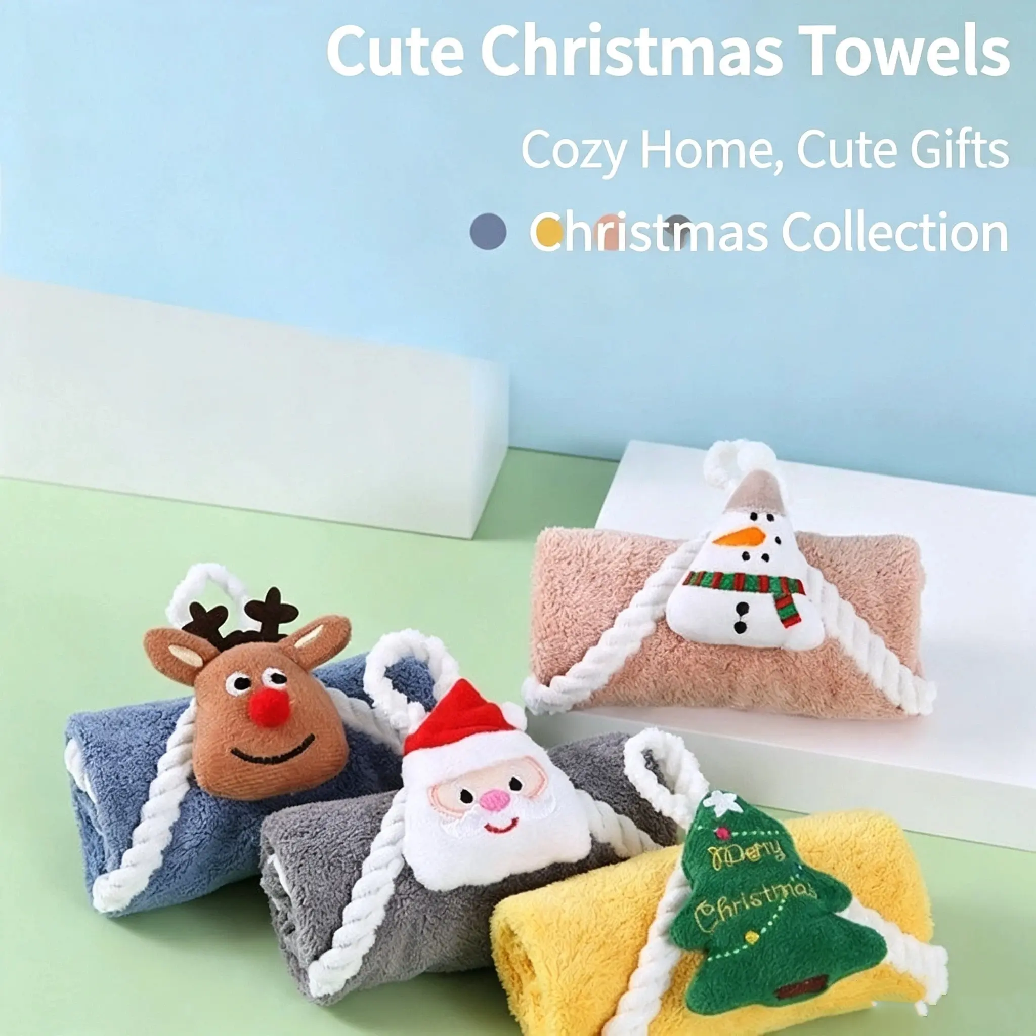 OpenAirJoy 4-piece Christmas Hand Towel Set, Classic Style, Cotton Embroidery | Santa, Reindeer, Snowman Embroidery, Soft and Absorbent Cotton, Pink, Blue, Gray, Yellow, Perfect for Kitchen, Bathroom, Sports, Wiping Sweat or Water, Festive Decoration