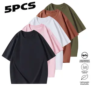 European/American Style Solid Color Short Sleeve T-Shirt Set, 5 Pieces, Unisex Crew Neck Basic Summer Tops, Versatile