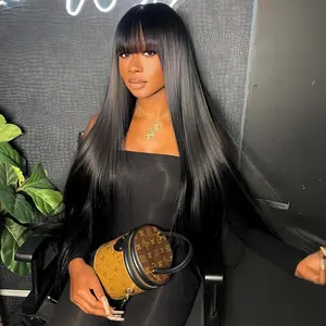 [New Upgrade With Drawstring] CheetahBeauty Glueless Wigs Straight 2×4 Lace Closure Wig Human Hair with Bangs Upgraded Drawstring Loose Body 180% Density Brazilian Virgin Human Hair for Women Natural Black #tiktokshopmemorialday #weeklydeals