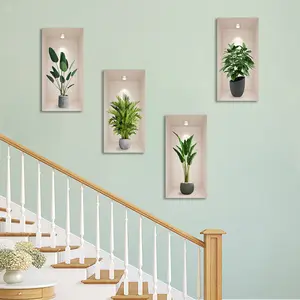 4pcs Self-adhesive 2D Decorative Wall Stickers, Wall Decal, Wall Art Stickers, with Nordic Style Flat Imitation Frame Design and Plant Potted Pattern Decoration Stickers, Suitable for Home Living Room, Bedroom Decoration