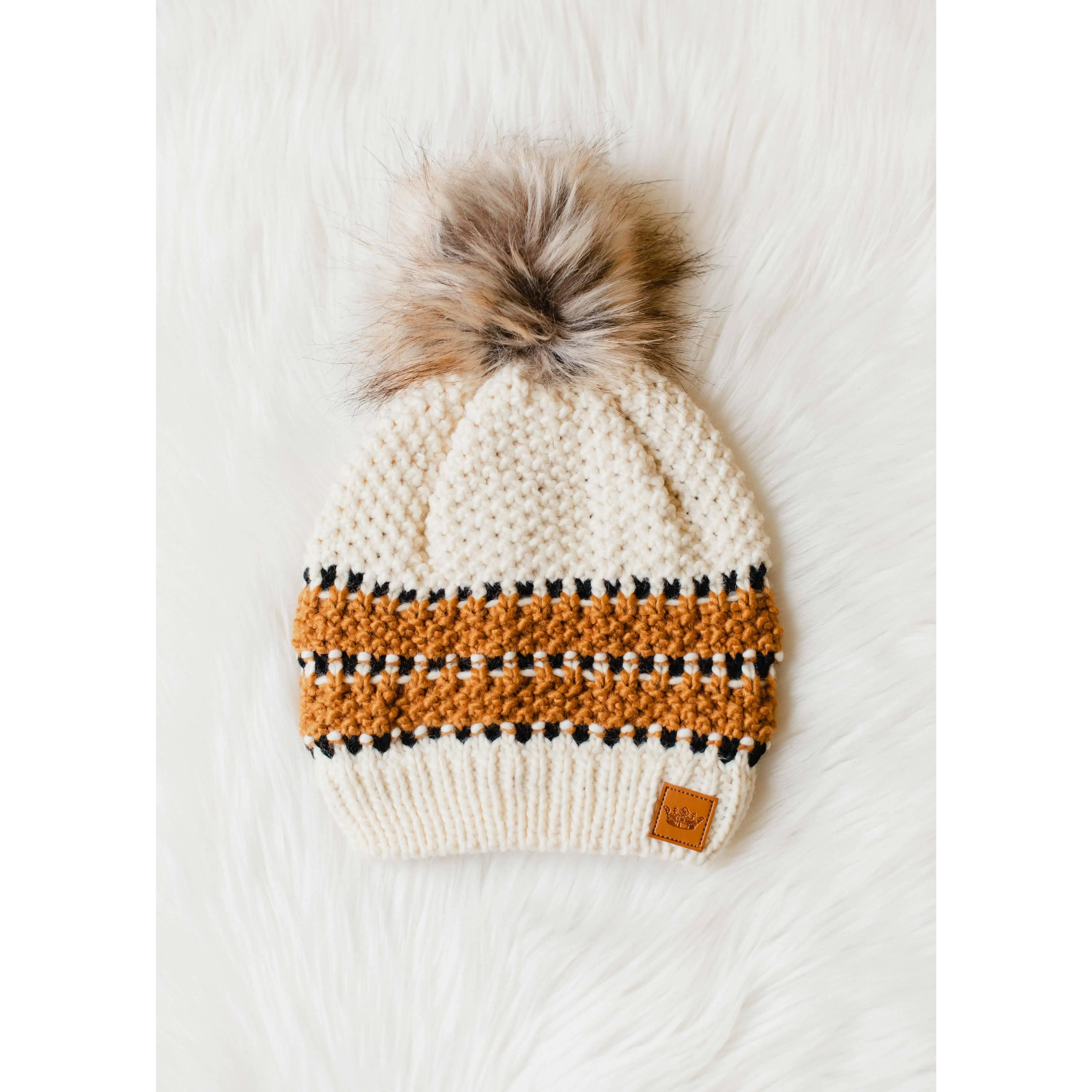 Cream, Mustard & Black Patterned Pom Hat