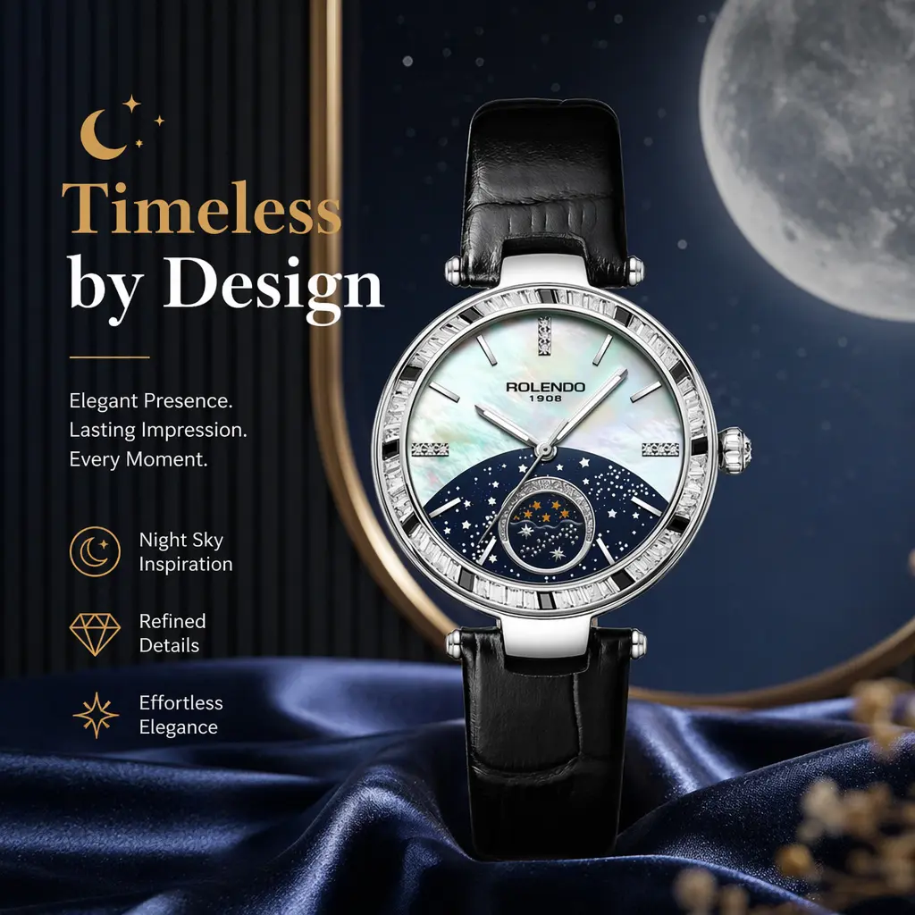 Women Automatic Mechanical Watch, Starry‑Sky Moon‑Phase Display, Iridescent Mother‑of‑Pearl Dial, Baguette Crystal Bezel, Black Genuine Leather Strap, Luxury Ladies Dress Wristwatch for Party & Daily Occasions(GongX1)