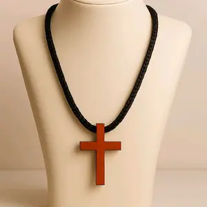 18" Braided Wax Rope Necklace with Natural Wood Cross Pendant Unisex Gift for Men Women Boys Girls Perfect for Any Occasion