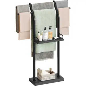 Free Standing Rack, Taller-T Shape Bath Sheet Holder for, Blanket Holder Stand with Weighted Base, 4-Tier Rack, for Living Room, Balcony, Black CJ20BB