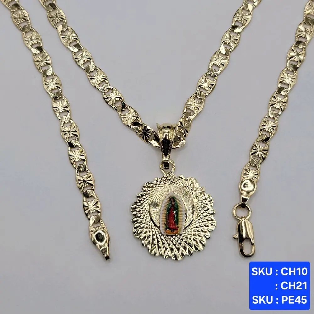 Virgin Guadalupe Colors Pendant Chain 24 & 18 Inches 5 Millimeters Laminated Gold Elegant Jewelry SKU : CH10, CH21 SKU : PE45