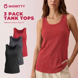 SHOWITTY 3 Pack Ribbed Tank Tops for Women – Crew Neck Sleeveless Stretch Polyester Spandex Basic Tops, Smooth Draped Fit