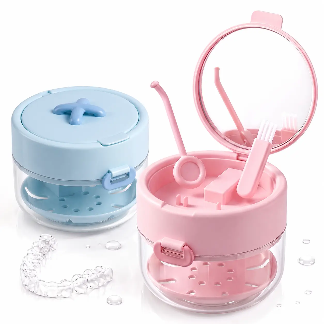 Retainer Cleaning Case with Drain Tray, Mirror and Brush, Portable Soaking and Storage Container for Retainers, Aligners, Dentures and Mouthguards