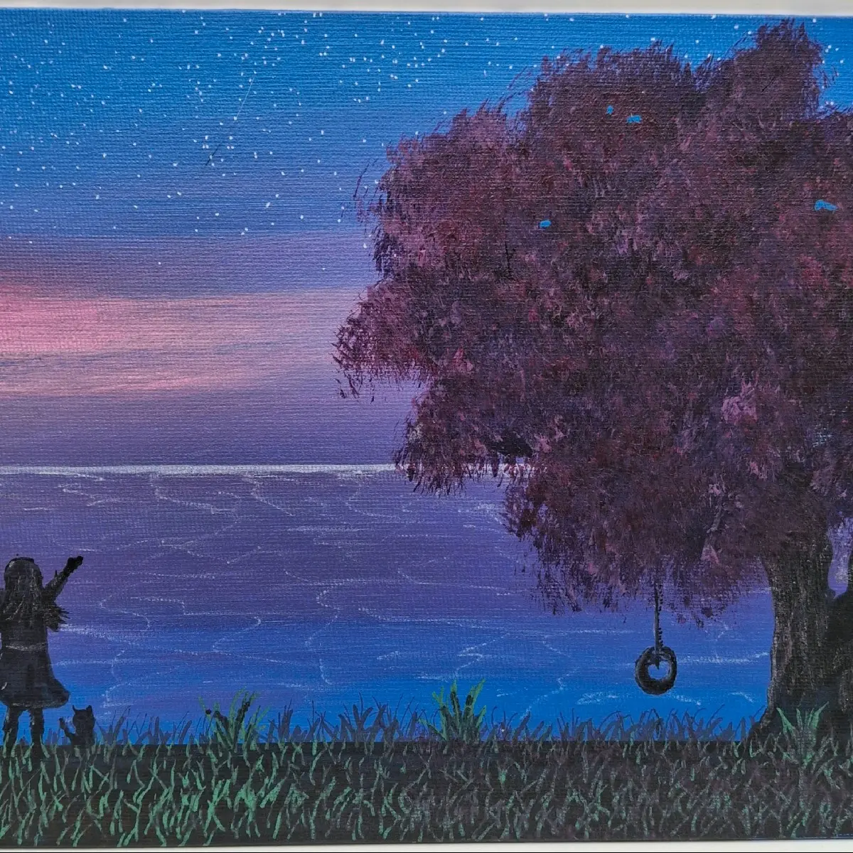 Signed Original Girl Kitty Cat Nighttime Magic Acrylic Painting on 9" x 7" Canvas Board