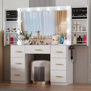 Bedroom Vanity Desk with Lighted Mirror, Power Outlet, 3 Color Modes, Adjustable Brightness, Drawer, 2 Sliding Wall-Mounted Jewelry Storage Compartments and 4 Shelves