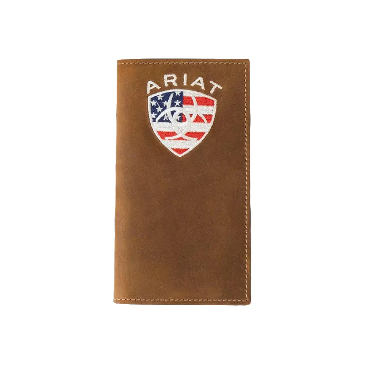 Ariat Men's Rodeo Wallet - Genuine Bull Hide Leather, Aged Bark Finish, American Flag Embroidery, Slimfit, Heavy Stitch, Card Slots, Compartmental, Cowboy, Masculine, Multifunctional Men's Wallet for Patriotism Use, Compartmental Men's Wallets, Cowboy Men