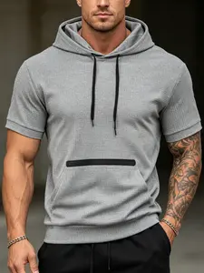 Men's 1 Pack Waffle Knit Short Sleeve Hoodie, Solid Color Casual Pullover Hooded T-Shirts, Breathable Summer Tops for Men, Slim Fit Drawstring Kangaroo Pocket Tees for Golf Tennis, Daily Commute, Vacation, Home Wear, Perfect Father's Day President's Day E