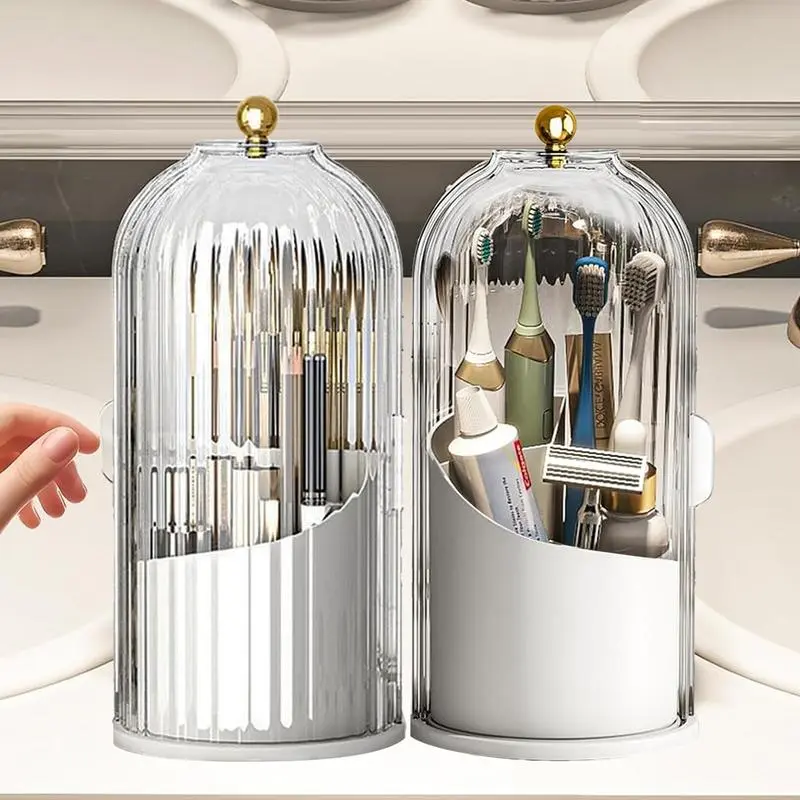 Modern Grey ABS Toothbrush Holder with Sliding Lid, 3 Rotating Slots, Non-Slip Base, Drainage Function – Bathroom Countertop Organizer for Toothbrush Storage & Makeup Brush Organizing Accessory