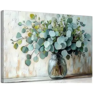 Eucalyptus Flower Glass Vase Canvas Wall Art Sage Green Canvas With Mason Jar Plants Wall Decor Farmhouse Vintage Green Plants Poster Print Artwork for Bathroom Living room Bedroom Home Decoration Ornaments Artistic