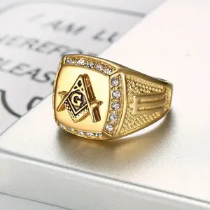 Gold-Plated Freemason Signet Ring | Crystal Rhinestone Accents & Textured Band | Ideal Gift for Lodge Members & Birthday Vintage Rings Elegant Ring