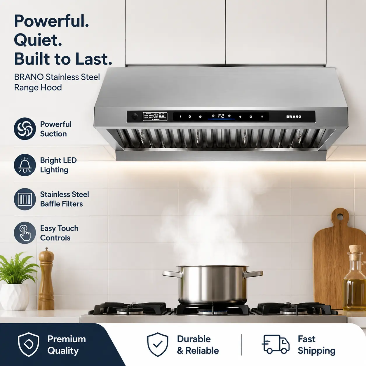 BRANO 30-Inch Smart Under Cabinet Rectangular Range Hood - 1200CFM, DC Motor, LED Light, Voice/Gesture/Touch Controls, Smoke Removal, US Plug Household Appliance