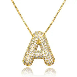 18K Gold Non Tarnish Bubble Initial Letter Necklace for Women Rhinestone Chunky Puff Name Pendant Alphabet Gold Plated Jewelry for Her
