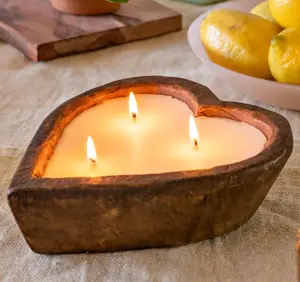 Wooden Dough Bowl Candles 6 Inch Heart, Soy Candle, 3 Wick Dough Bowl Candles Table, Wooden Bowl Candle Boat, Farmhouse Dough Bread Bowl Candle,Unscented