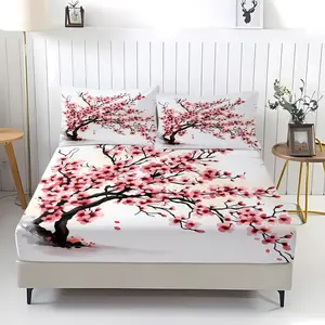 Japanese Cherry Blossom Fitted Sheet Set, 3 Pieces, Includes 1 Fitted Sheet + 2 Pillowcases, White Base Pink Sakura Tree Pattern, Aesthetic Floral Bedding, Ideal for Teens & Adults, Bedroom & Dorm Room Decor