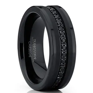 Men's Tungsten Black Wedding Band Eternity Ring Cubic Zirconia Comfort-Fit CZ
