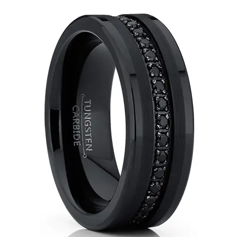 Men's 8mm Black Tungsten Eternity Prong Band - Comfort-Fit Cubic Zirconia Classic Ring, Marriage Wedding Ring for Adults, Jewelry Accessory