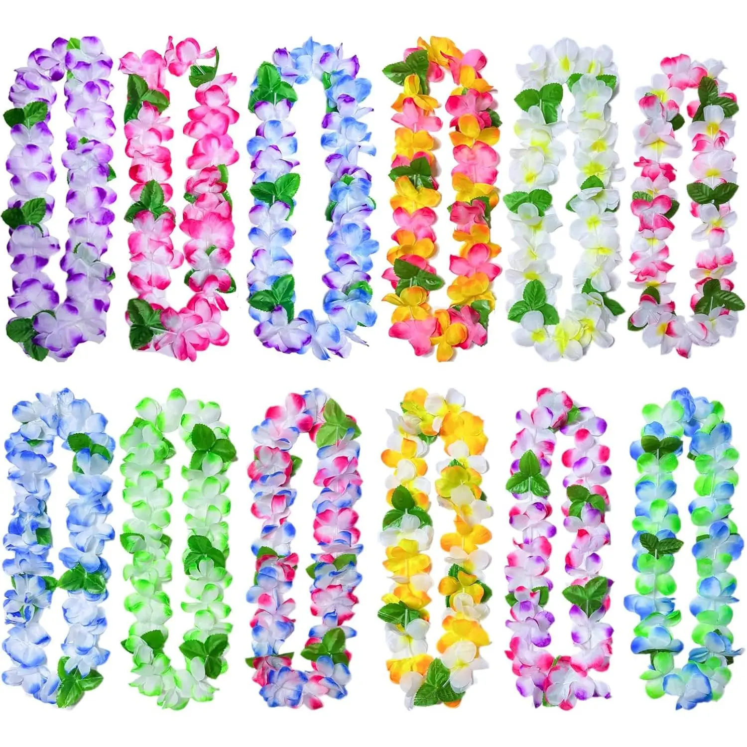 12-Pack Decorative Synthetic Tropical Artificial Flower Hawaiian Leis Set with Green Leaves - 40in Circumference, for Adults, Pool & Beach Parties, DIY Festive Luau Wedding Home Party Supplies, 40 Inches In Circumference, 40" Circumference