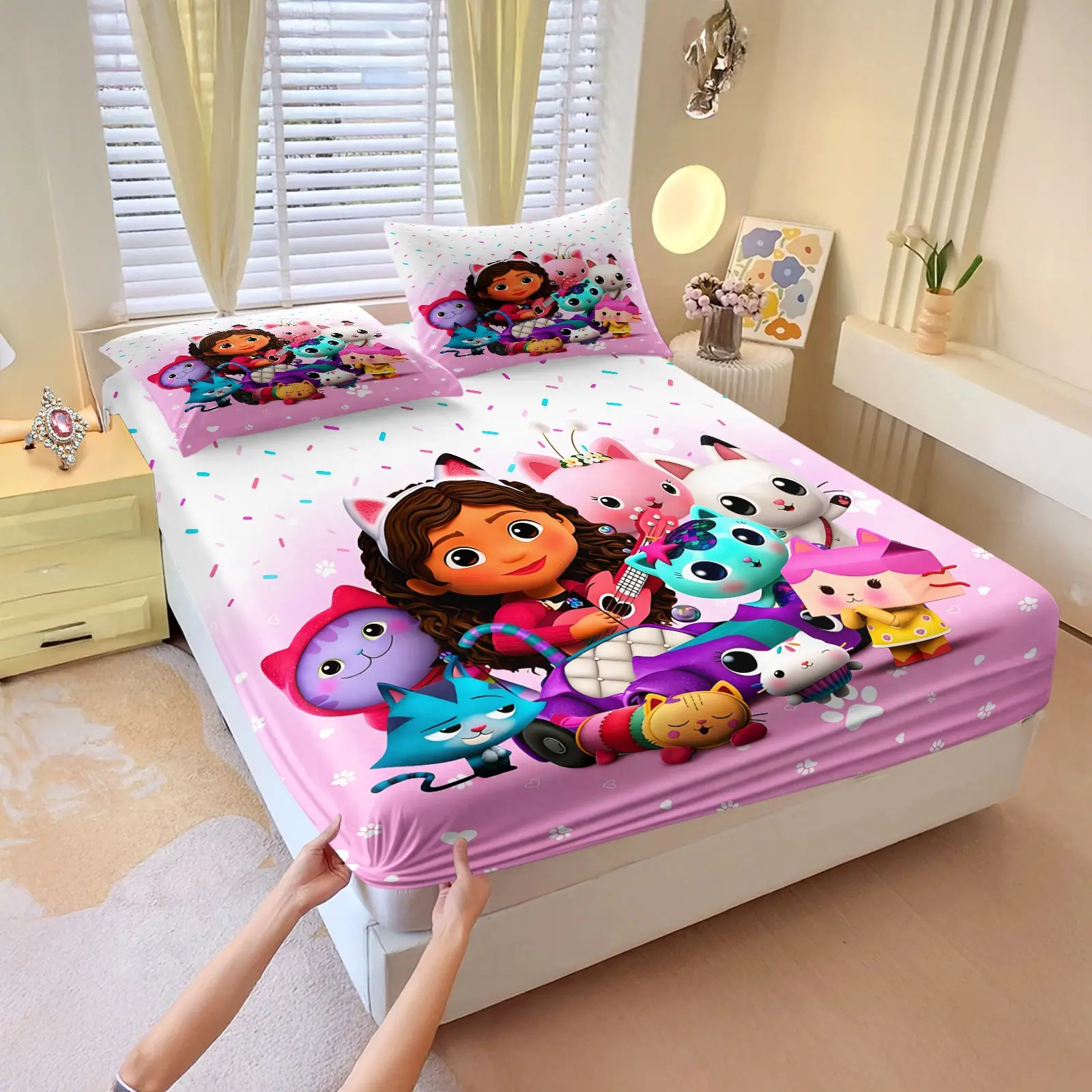 Gaby's Dollhouse Bed Sheet Three-Piece Set Cartoon Cute Pet Collection Print Pink Sweet Children's Bedroom Skin-Friendly And Breathable High-Value Fun Gift For Girls' Bedroom Bedding Sheets Cartoon Printed Bedding