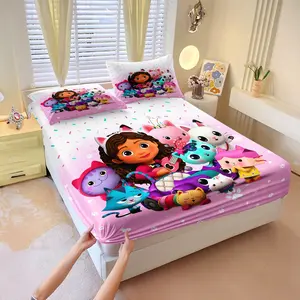Gaby's Dollhouse Bed Sheet Three-Piece Set Cartoon Cute Pet Collection Print Pink Sweet Children's Bedroom Skin-Friendly And Breathable High-Value Fun Gift For Girls' Bedroom Bedding Sheets