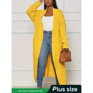 Plus Size Solid Color Twist Rope Casual Long Knit Sweater Cardigan, Women's Fall & Winter Fashion, Comfortable and Stylish Outerwear