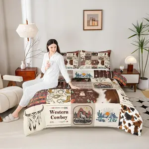 Western Bedding Set,Brown Cow Fur Patchwork Grid Comforter Set,Horse and Southwest Aztec Boho Stripes Quilted Duvet for Boys Girls Kids Women Room Decor Tribal Arrow Rustic Comforter