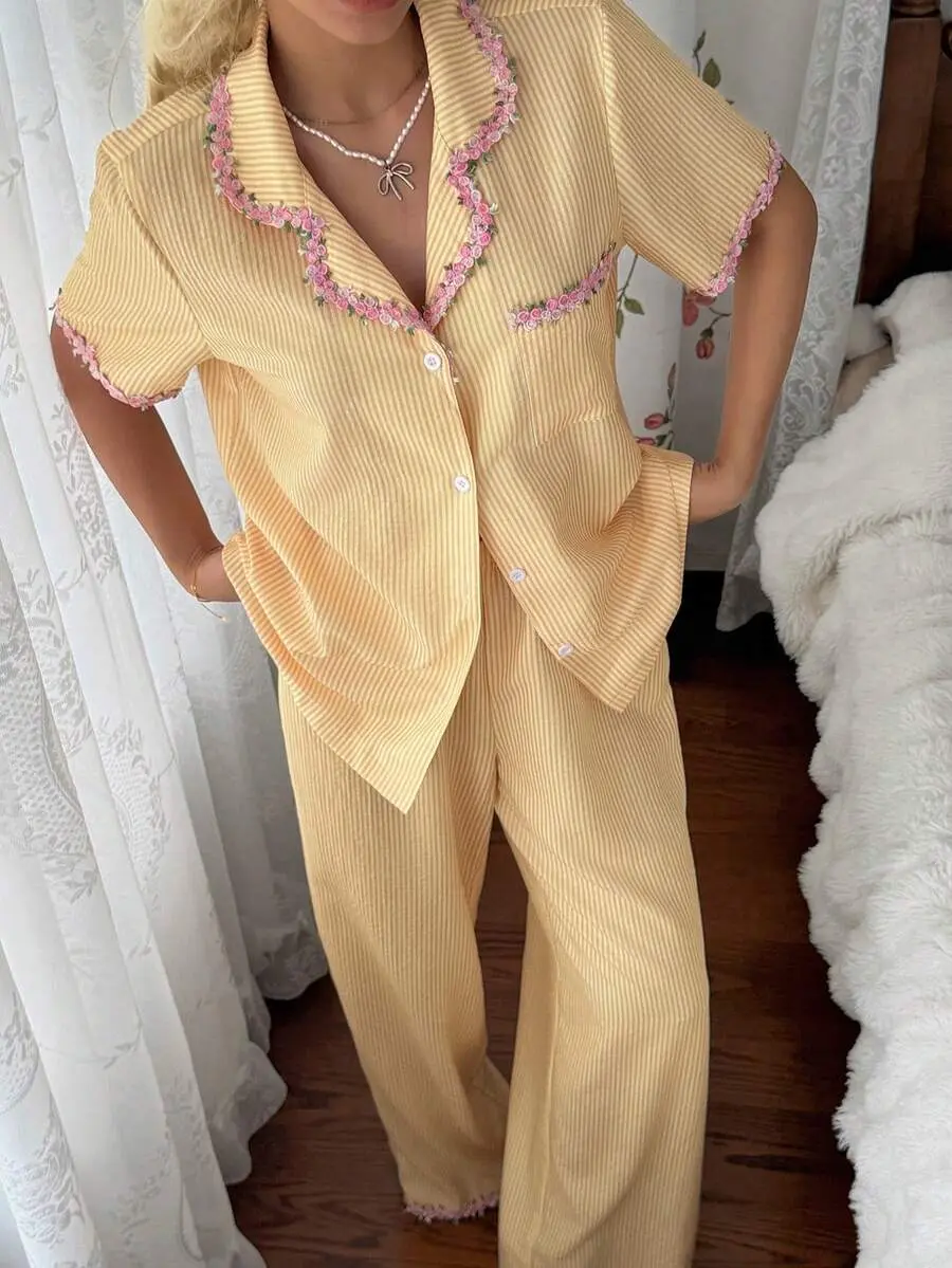 DAZY Yellow Striped Pajama Set For Women, Summer Sweet New Style Short Sleeve Long Pants Loungewear