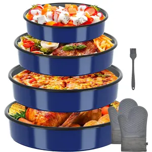 Enamel Roasting Pan Set Round Baking Dish 4-Pack 9/10/12/14 Inch Non Stick High Temperature Resistance Bakeware for Pizza & Salad, Oven Dishwasher Safe Valentine  for Wife & Mom Cake Pan