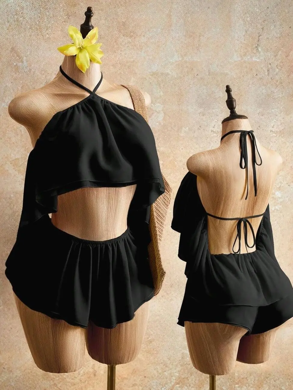 Women's Yellow Chiffon Jumpsuit, Backless Halter Neck Ruffled Romper, Flowing Summer Boho Beach Vacation Outfit