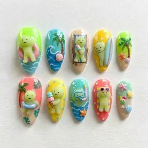 Smiski Summer Beach Multicolor Press On Nails, Cute 3D Hand Painted Charms, Kawaii Y2K Cartoon Nails Set Nail Art Kit Nail Box fathersdaygift
