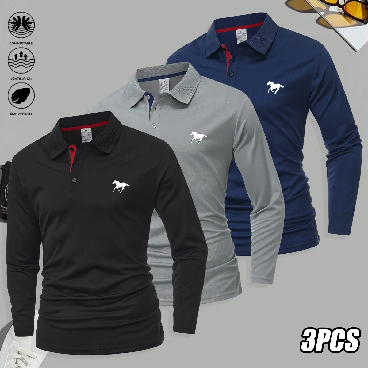 3-piece set of men’s long-sleeve polo shirts—stylish and comfortable, youthful appearance; turn-down collar design for sporty casual and light business wear, suitable for all seasons and ideal for golf and outdoor activities; men’s polo shirts.