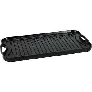 Pre cured cast iron double-sided rectangular baking/frying pan (evenly heated), black, 20 x 10.63 x 0.98 inches