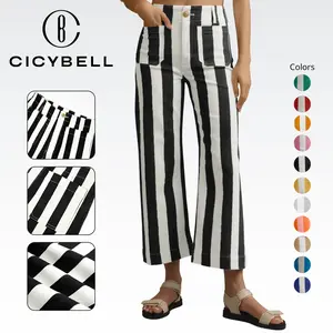Cicy Bell Womens Cropped Striped Jeans Casual High Waisted Stretchy Polka Dots Straight Leg Denim Pants with Pockets