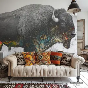 Native American Buffalo Mural - Western-Inspired Wall Art with Earth Tone Accents, Peel & Stick