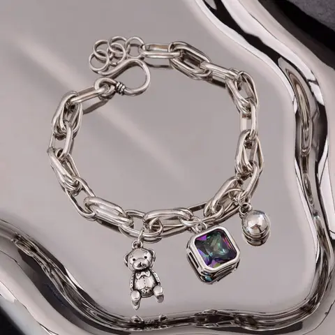 Elegant 925 Sterling Silver Bear Charm Bracelet with Shiny Crystals - Unisex Adults' New Design 925 Bracelets & Bangles, Casual Everyday Style Jewelry, Meaningful Gift for Celebrations