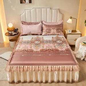 3pc Cool Silk Bed Skirt Set, Bedding Accessories, European Style, Summer Breathable Lace Trim, Ideal for Hot Weather, Comfortable and Stylish