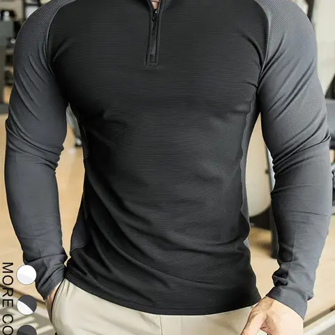 Men's Fall Winter Long Sleeve T-Shirt, Slim Fit, Moisture-Wicking, Casual Outdoor Top, Gym Golf Wear, Plain Lettuce Trim Design, Casual Sport Tee