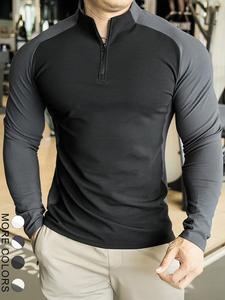 men's colorblock zipper tee, regular fit casual long sleeve t-shirt for gym workout, men's top for spring & fall