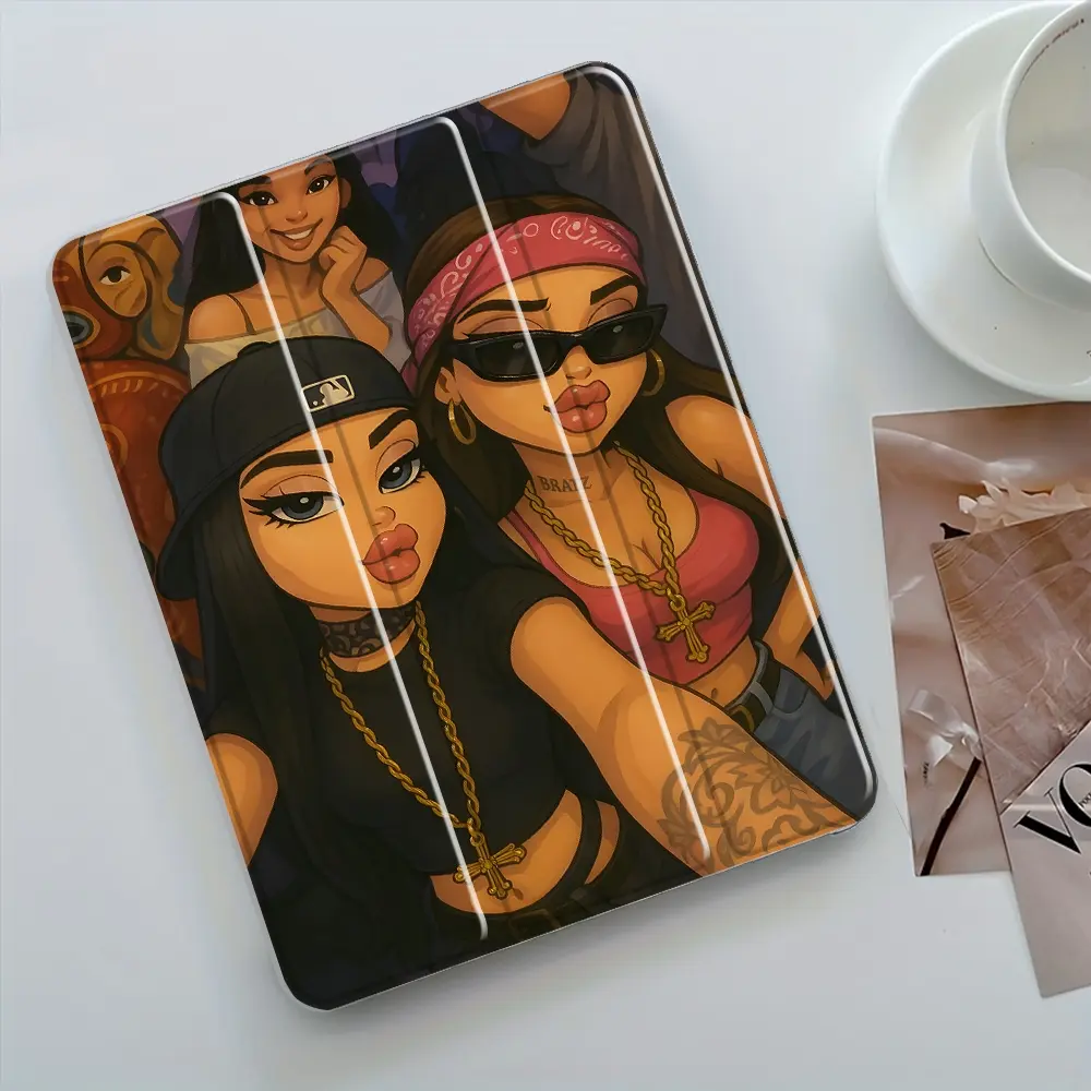 Hip-Hop Girl Design iPad Case, Tablet Casing, Durable Tablet Casing, Cool Cartoon Transparent Acrylic Stand Cover, Pencil Holder & Charger Slot, Fits iPad Pro/air/mini, Shock-resistant Full Cover Protective Case, Suitable for Offices Schools and Homes
