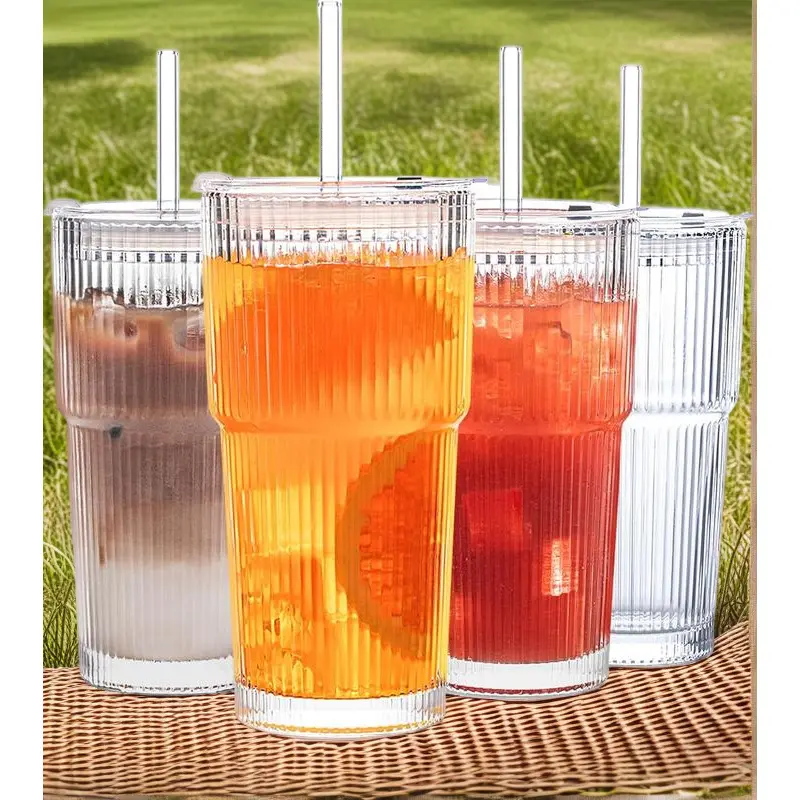18oz Vertical Stripes Premium Thick Glass Beverage Tumblers, 4-Piece Party-Ready Set with Leak-Proof Lid & Straw, Stylish Drinkware for Iced Coffee, Cocktails, Family Use
