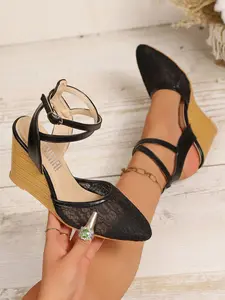 Women's Lace Wedge Sandals, PU High Heel Shoes, Comfortable Party Dress Footwear, Trendy Summer Shoe Design
